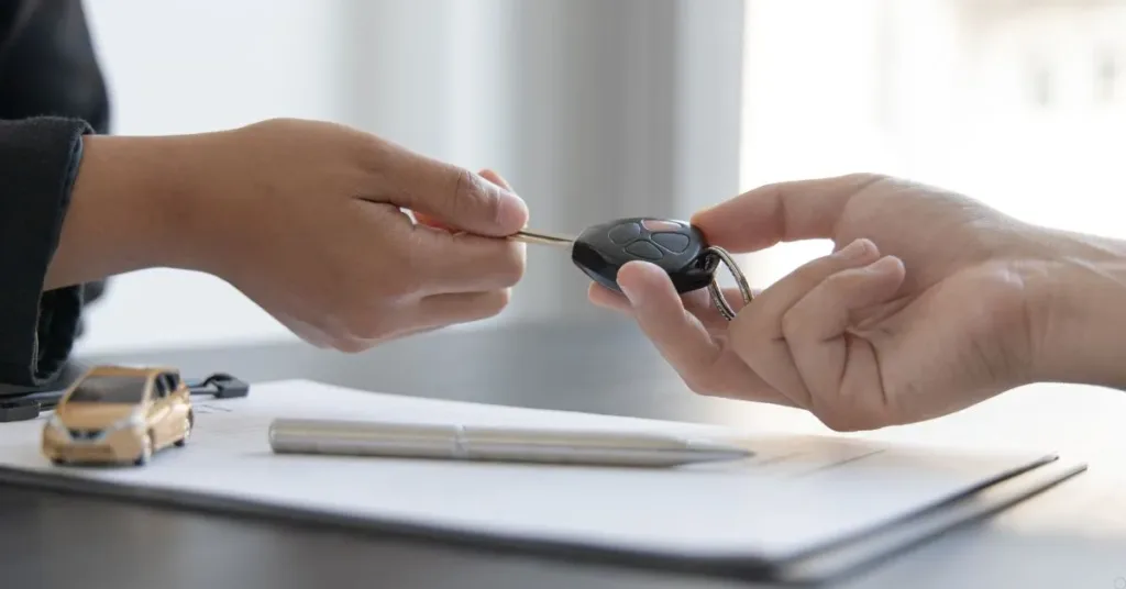 Entrega de chave de carro durante assinatura de contrato de compra e venda de veículo usado.