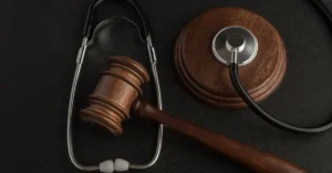 Estetoscópio e martelo da justiça sobre fundo escuro representando erro médico e complicações no tratamento