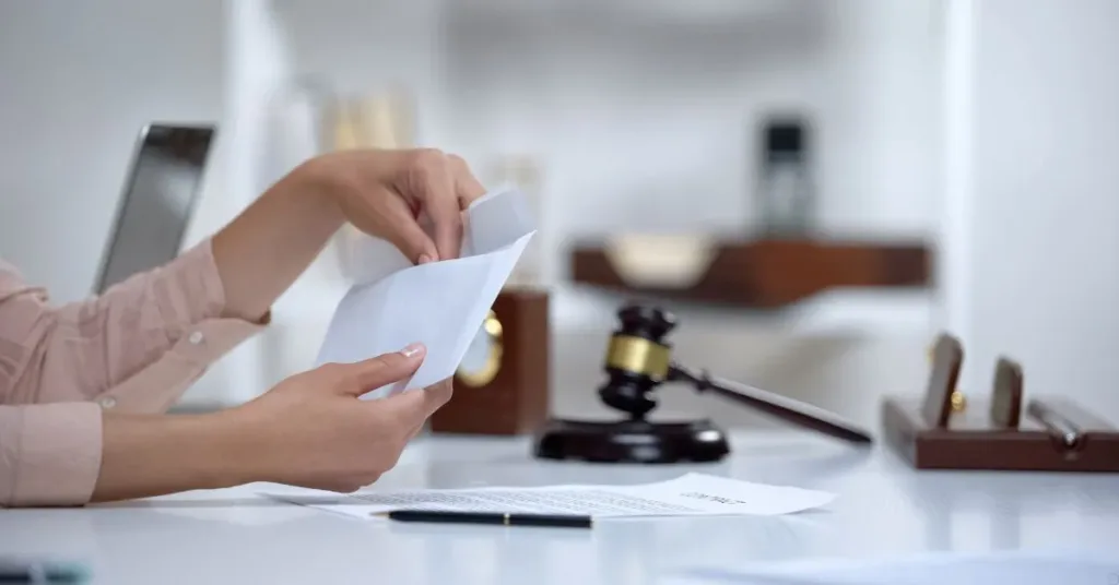 Pessoa colocando documento em envelope ao lado de martelo de juiz, representando processo de pensão alimentícia