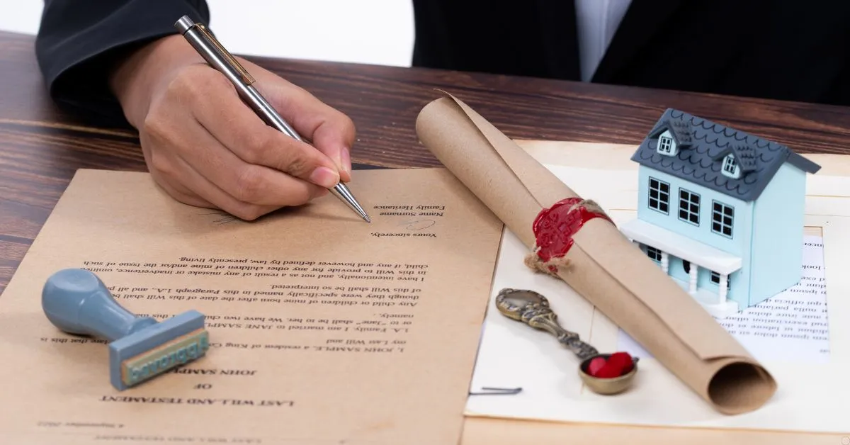 Pessoa assinando testamento com miniatura de casa ao lado, representando herança e obrigações financeiras