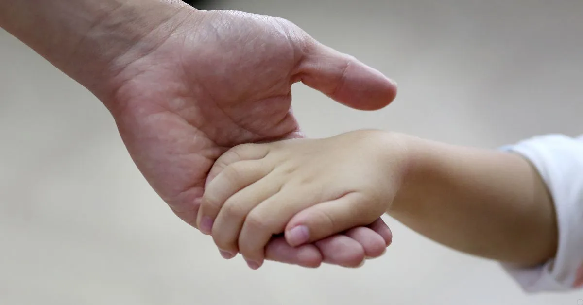 Mão de adulto segurando a mão de uma criança, simbolizando vínculo afetivo e proteção parental