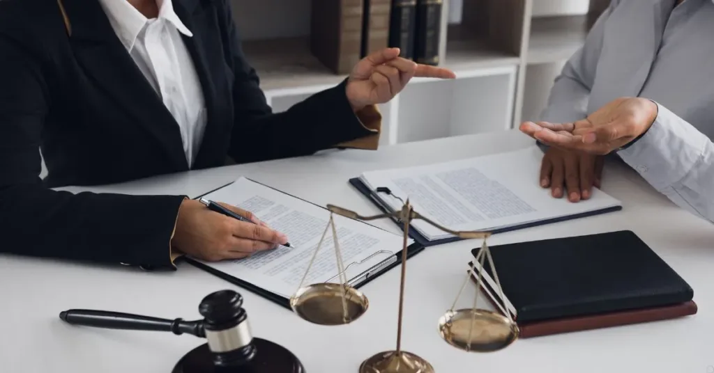 Advogada orientando cliente sobre planejamento sucessório com documentos e balança da justiça sobre a mesa