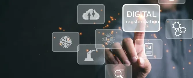 Homem interagindo com tela digital representando transformação digital e ativos digitais online