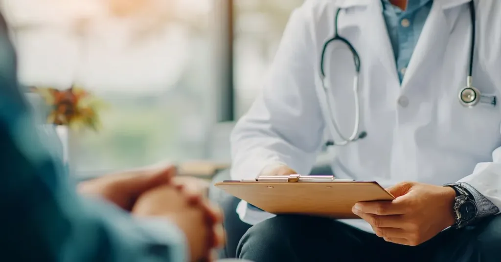 Médico segurando prontuário durante consulta com paciente, ilustrando recusa de hospital em fornecer atestado ou laudo médico