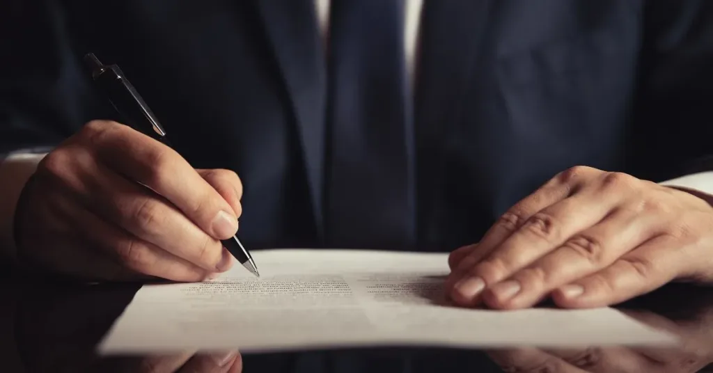 Homem assinando contrato de compra e venda com cláusula de sinal (arras)