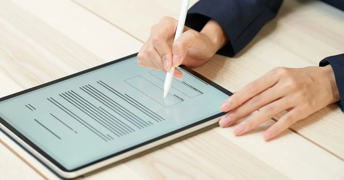 Pessoa assinando documento digital em tablet, representando validade jurídica da assinatura eletrônica.