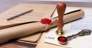 Documento de testamento com selo de cera e caneta sobre mesa, representando planejamento sucessório e herança em vida.