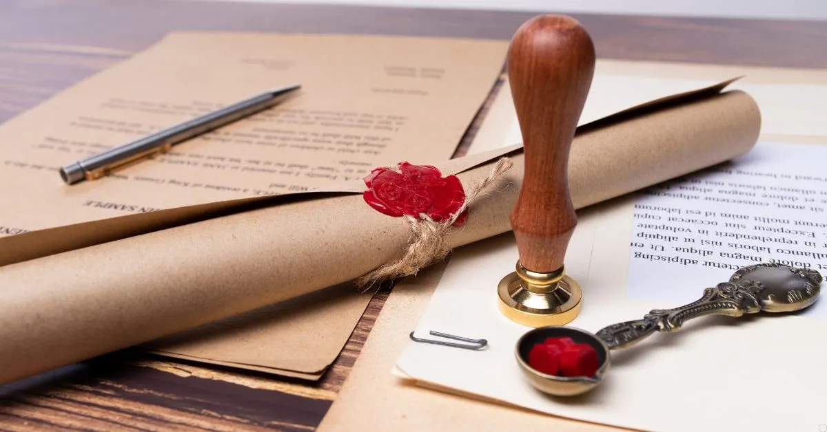 Documento de testamento com selo de cera e caneta sobre mesa, representando planejamento sucessório e herança em vida.