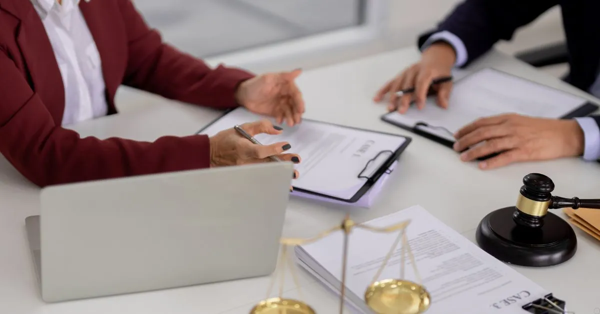 Reunião entre advogados com documentos de inventário e símbolo da justiça sobre a mesa