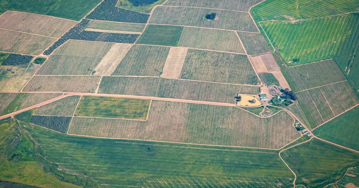 vista aérea de propriedade rural com terrenos demarcados para regularização imobiliária