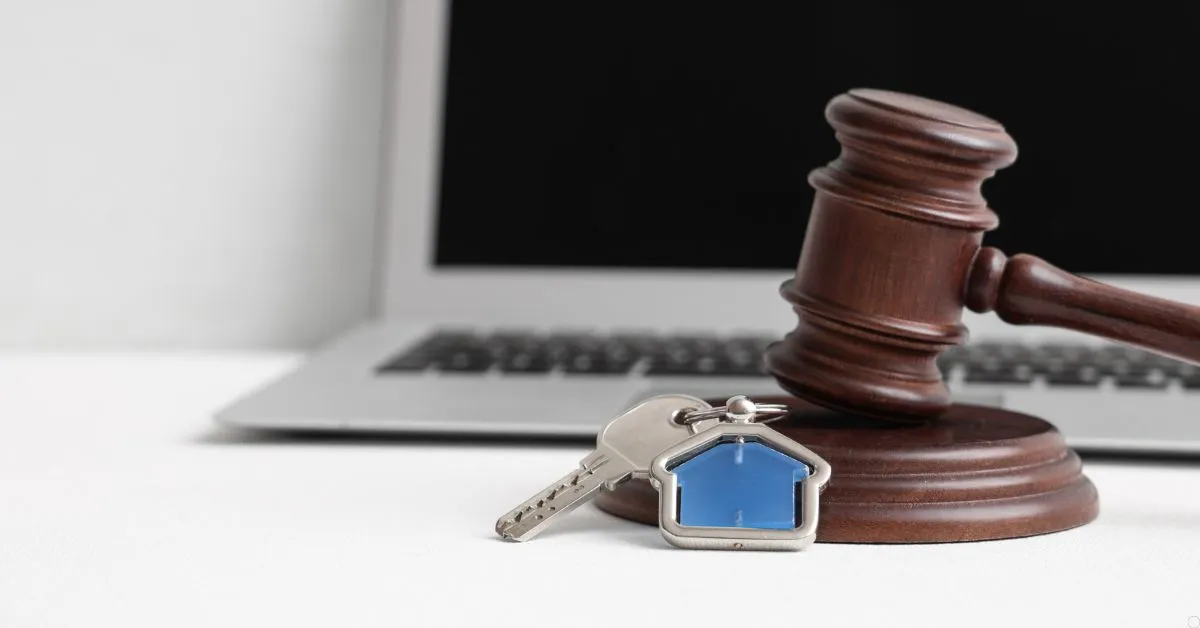Martelo de leilão ao lado de chaves de imóvel, representando a compra de imóvel em leilão e a necessidade de análise documental antes do lance.