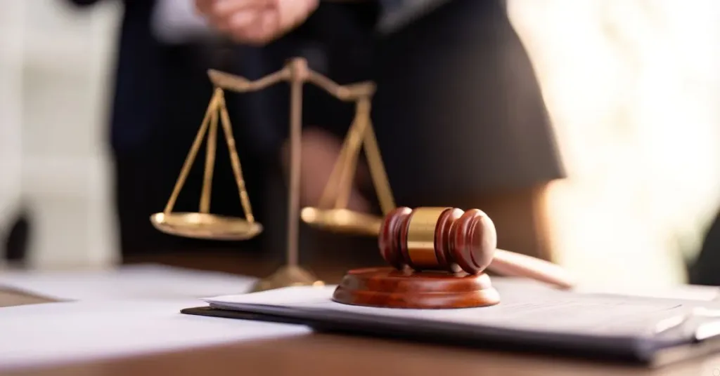 Responsabilidade civil objetiva representada por martelo do juiz e balança da justiça sobre mesa jurídica