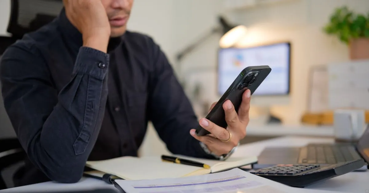 Homem analisando celular com expressão de preocupação após possível bloqueio de conta bancária sem aviso prévio.