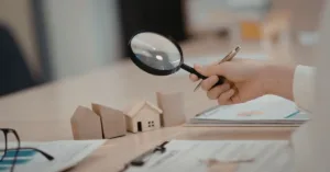Análise de imóvel irregular com lupa sobre documentos imobiliários antes da compra