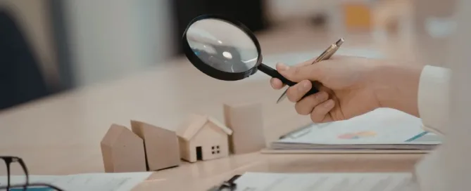 Análise de imóvel irregular com lupa sobre documentos imobiliários antes da compra