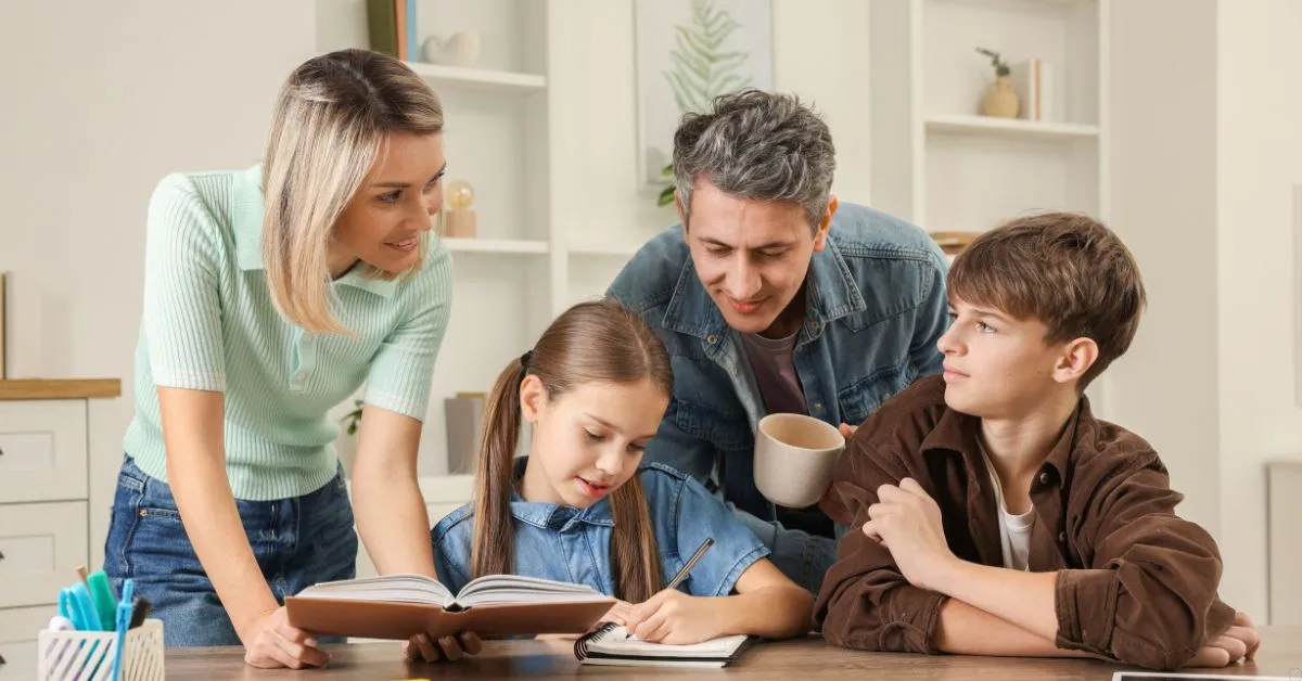 pais ajudando filha com tarefa escolar representando decisões sobre educação dos filhos após separação