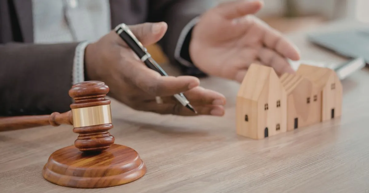 Venda de imóvel antes do inventário representada por martelo judicial e casas sobre mesa