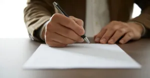 Pessoa assinando documento imobiliário para ilustrar a diferença entre escritura e registro do imóvel
