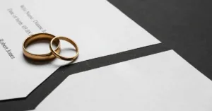 alianças sobre documento representando anulação de casamento e discussão judicial sobre validade da união