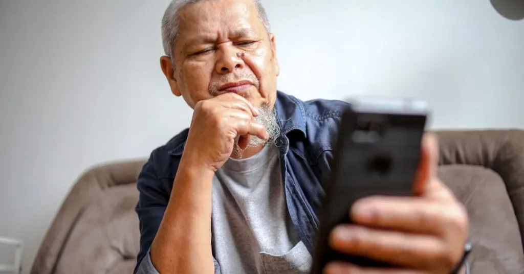 Homem analisando mensagem no celular sobre promessa de pagamento como prova judicial