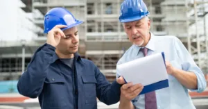 Engenheiros analisando documentos em obra para representar problemas com a construtora e direitos do comprador