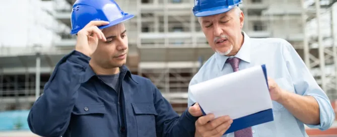 Engenheiros analisando documentos em obra para representar problemas com a construtora e direitos do comprador