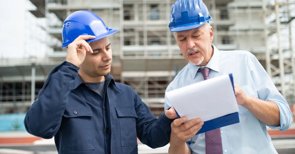 Engenheiros analisando documentos em obra para representar problemas com a construtora e direitos do comprador