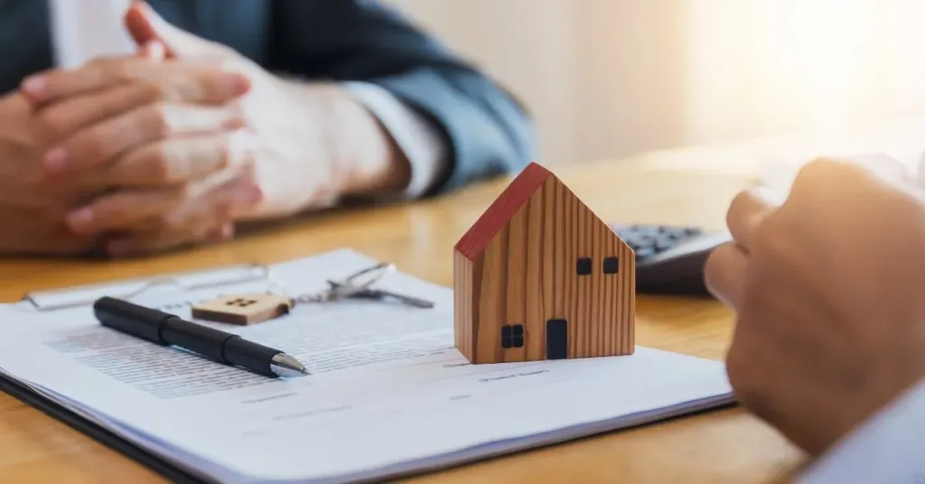 Contrato de compra de imóvel com casa em miniatura e chave representando sinal pago na negociação