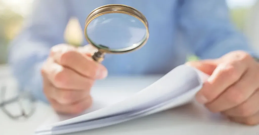 Pessoa analisando contrato com lupa para verificar cláusula de fidelidade e multa por cancelamento.