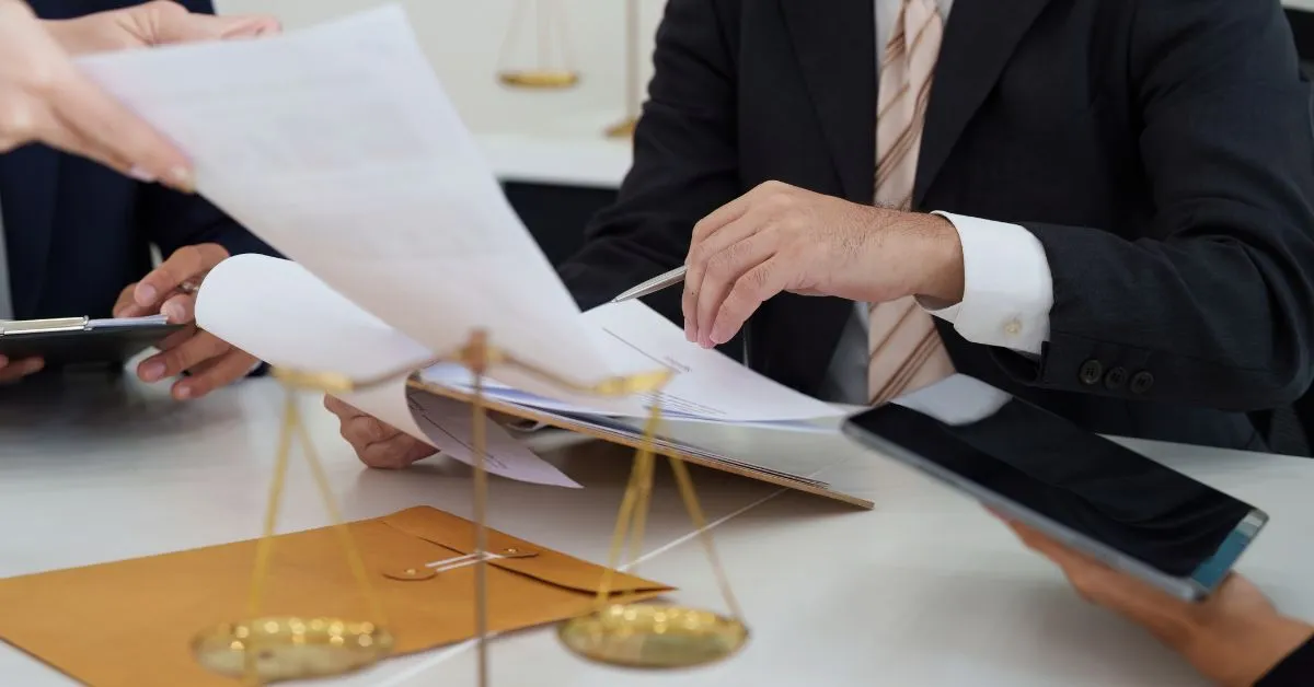 Advogados analisando documentos em ação de família com balança da Justiça, representando tutela de urgência.