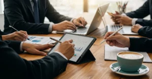Profissionais analisando gráficos e documentos sobre holding familiar e planejamento sucessório.