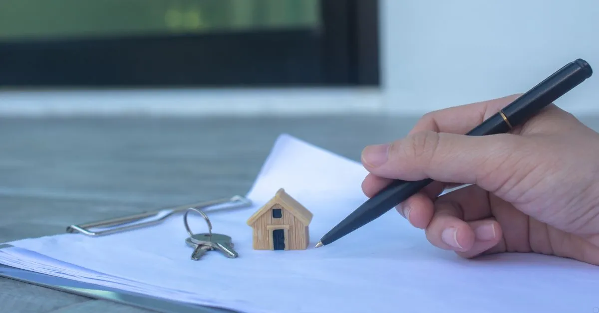 Casa em miniatura, chaves e documentos representando imóvel em nome de pessoa falecida e sua regularização.