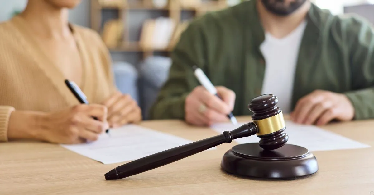Casal assinando documentos de partilha de bens no divórcio, com martelo judicial em destaque.